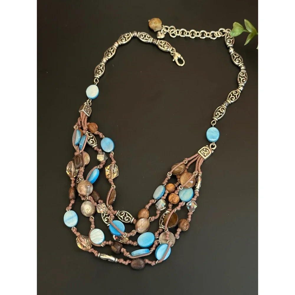 Brighton Multi Strand Shell Wood Bead Necklace Silver Tone Blue Brown 18-20